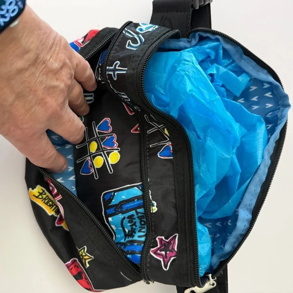 Brighton Belt Bag Fanny Pack Black Nylon Graffiti Heart Star Love Print Adjustab
